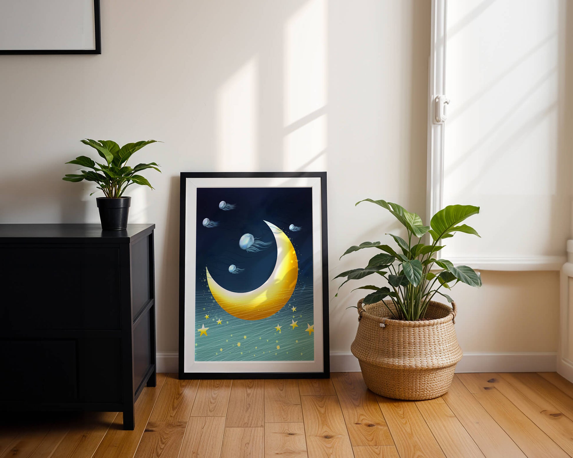 Night sky with golden crescent moon and jellyfish drifting