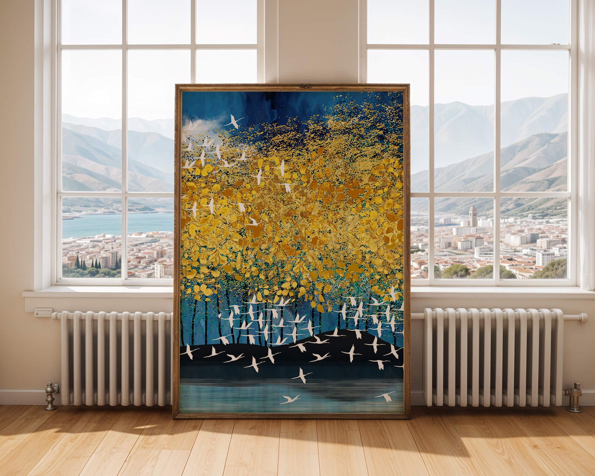 Paisaje abstracto con follaje dorado y pájaros volando