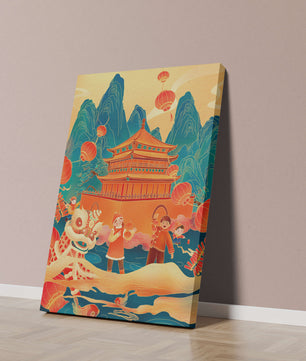 Traditionelles chinesisches Fest mit Laternen und Löwentanz