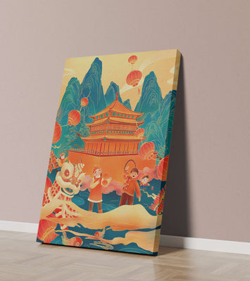 Traditional Chinese festival with lanterns and lion dance