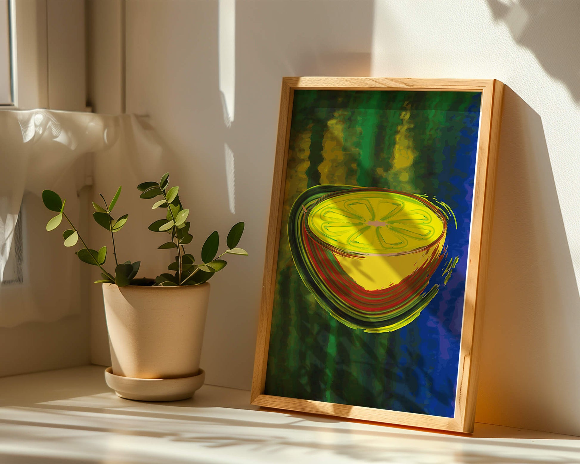 Vibrant abstract lemon slice with a colorful background