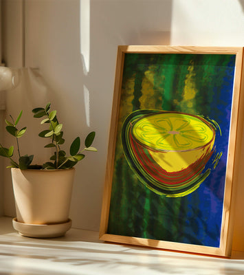 Vibrant abstract lemon slice with a colorful background