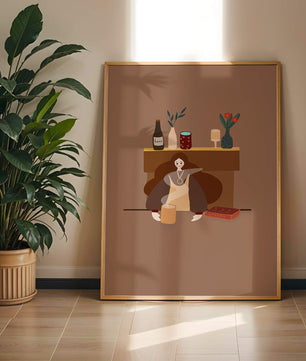 Escena acogedora con mujer junto a la chimenea y elementos decorativos