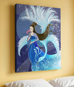 Elegant woman with floral motif and ethereal bird illustration