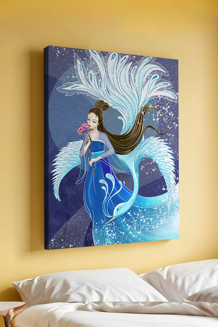 Elegant woman with floral motif and ethereal bird illustration