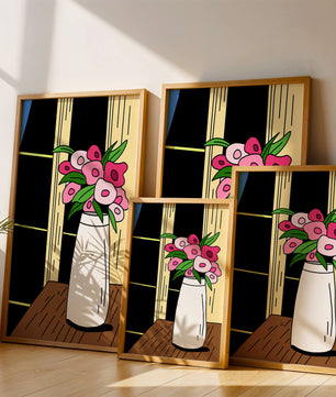Abstract illustration of flowers in a vase on a wooden table