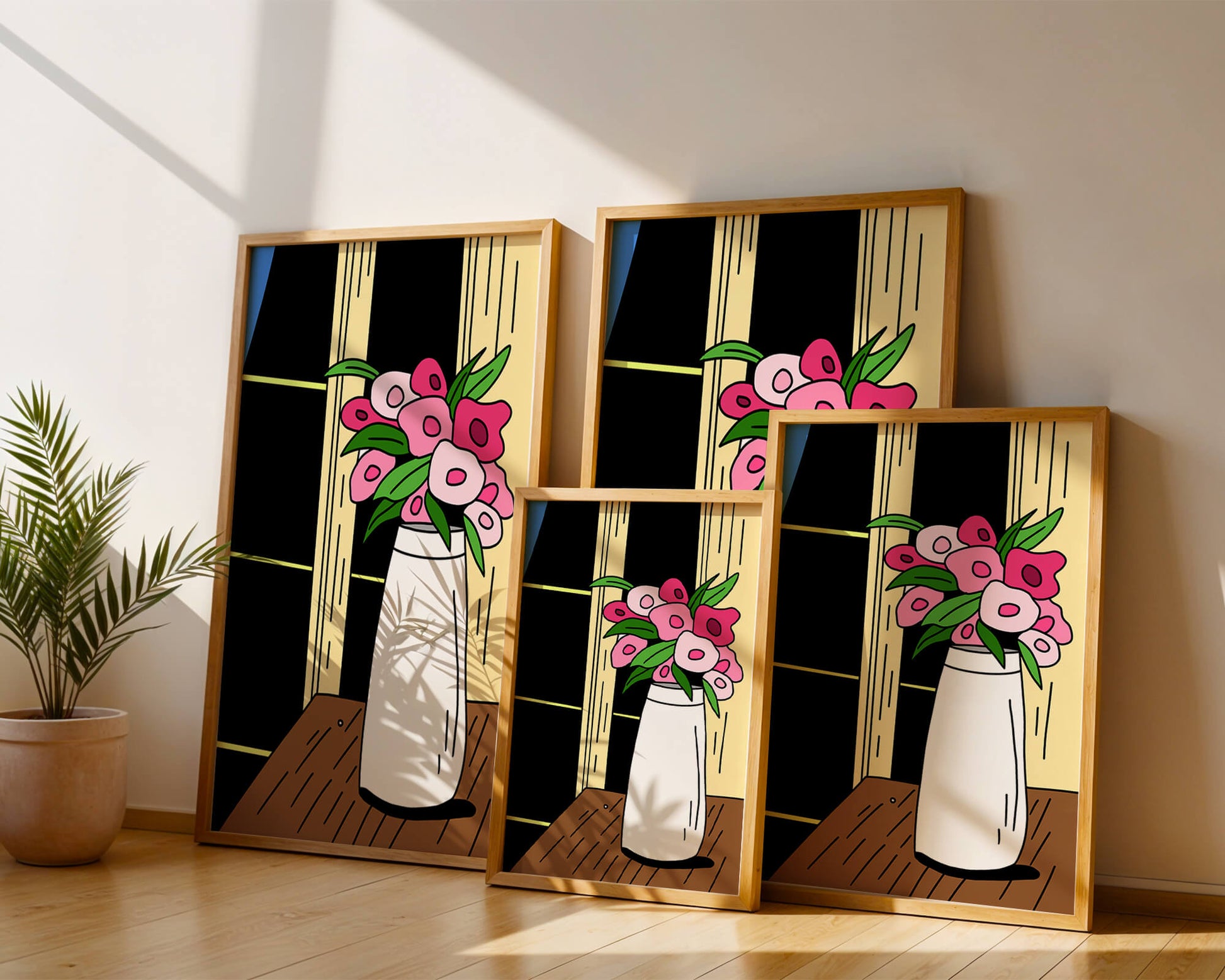 Abstract illustration of flowers in a vase on a wooden table
