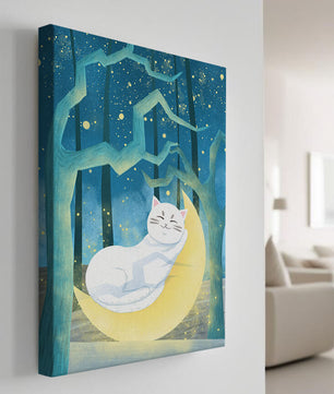 Cat sleeping on the moon in an enchanted forest under the starry sky