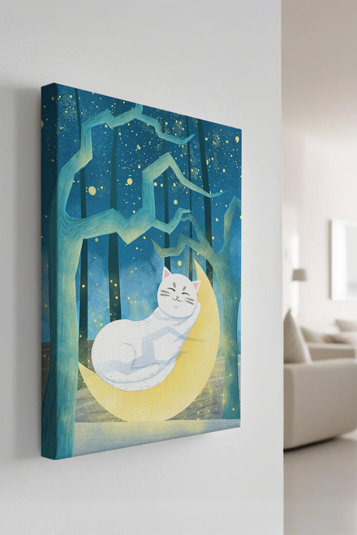 Cat sleeping on the moon in an enchanted forest under the starry sky