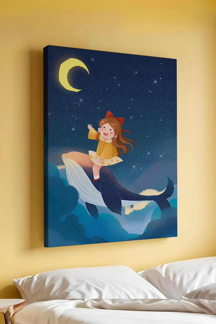 Girl on a whale under starry night sky