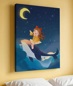 Girl on a whale under starry night sky