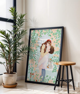Romantic Kiss Amidst Blooming Flowers And Playful Cat
