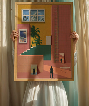 Surreale Architekturlandschaft mit tropischen Elementen und abstrakten Figuren