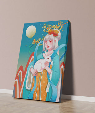 Femme élégante en tenue traditionnelle tenant un lapin blanc sous une pleine lune