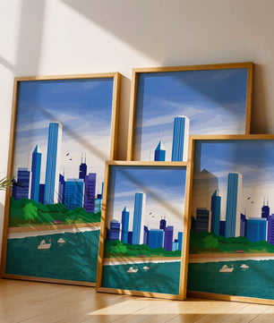 Paisaje urbano moderno con skyline y frente al agua en un estilo vibrante
