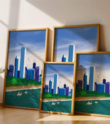 Modern cityscape with skyline and waterfront in a vibrant style