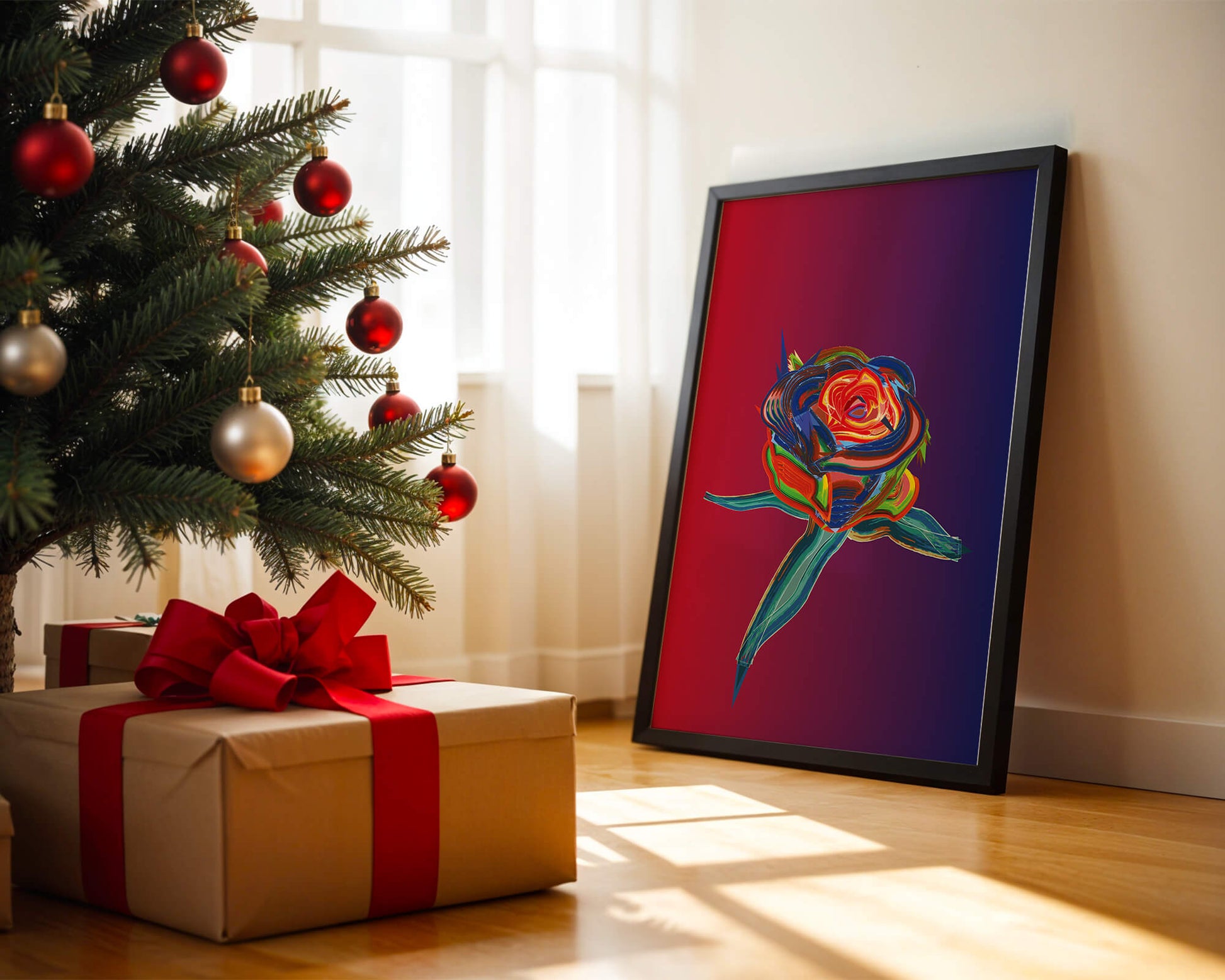 Rosa abstracta vibrante con colores dinámicos sobre fondo degradado