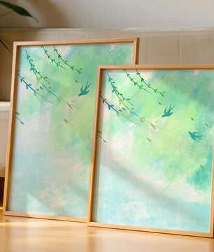 Serene Spring Scene with Birds and Leaves on a Light Blue Background