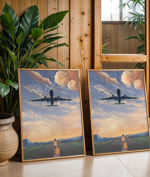 Serene airport departure with airplane and traveler at sunset