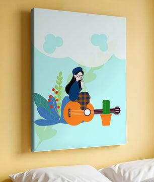 Illustration of a woman with coffee sitting on a guitar surrounded by foliage