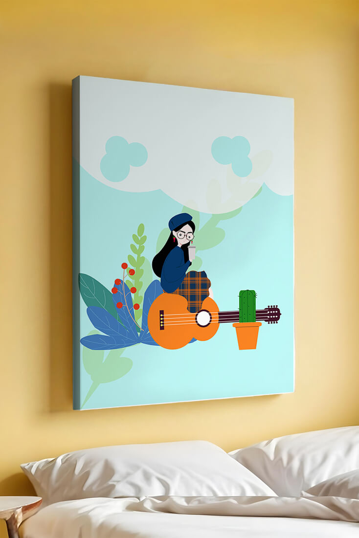 Illustration of a woman with coffee sitting on a guitar surrounded by foliage