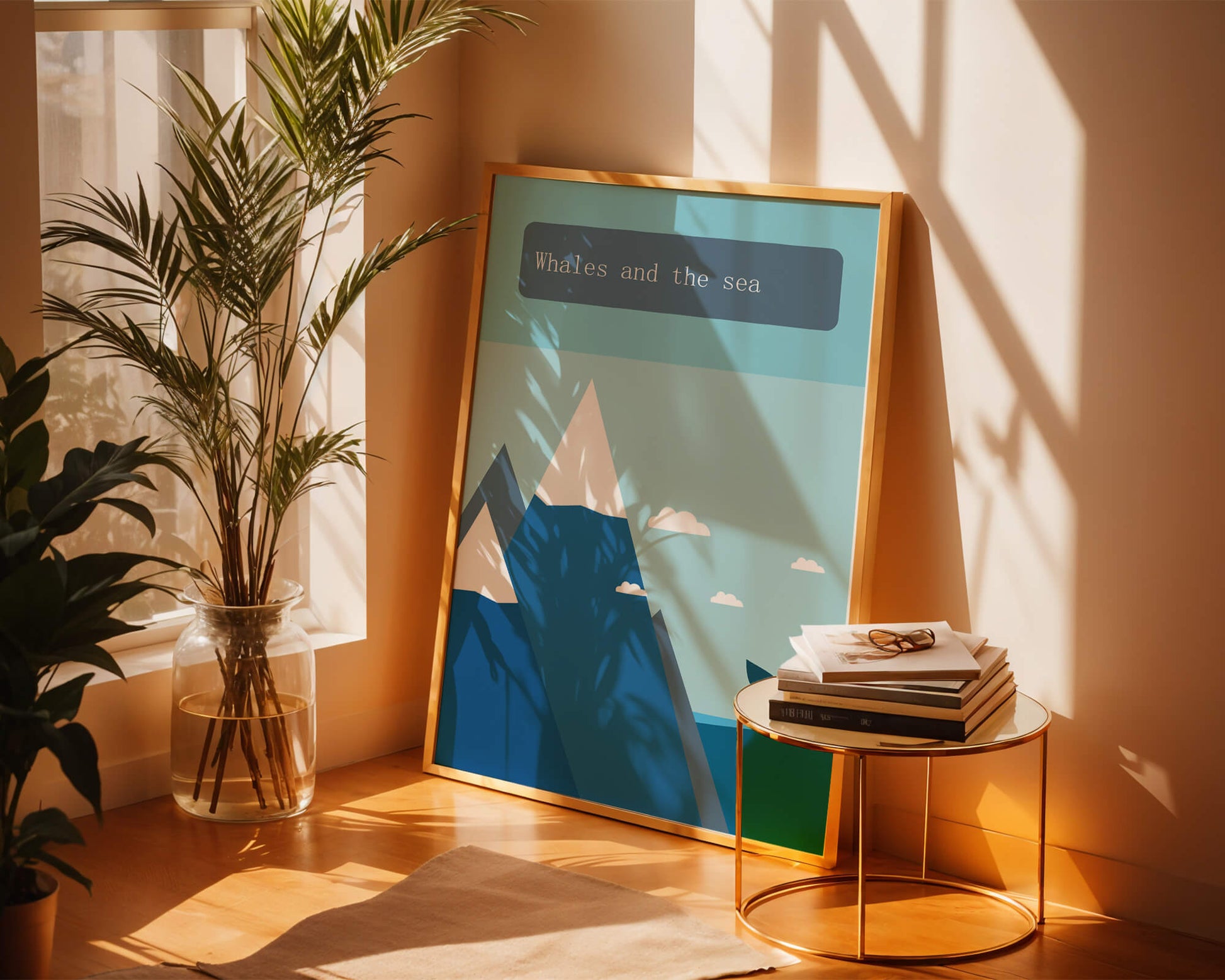 Whale and mountain illustration with sea and sky background