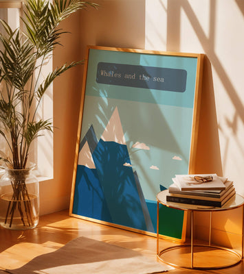 Whale and mountain illustration with sea and sky background