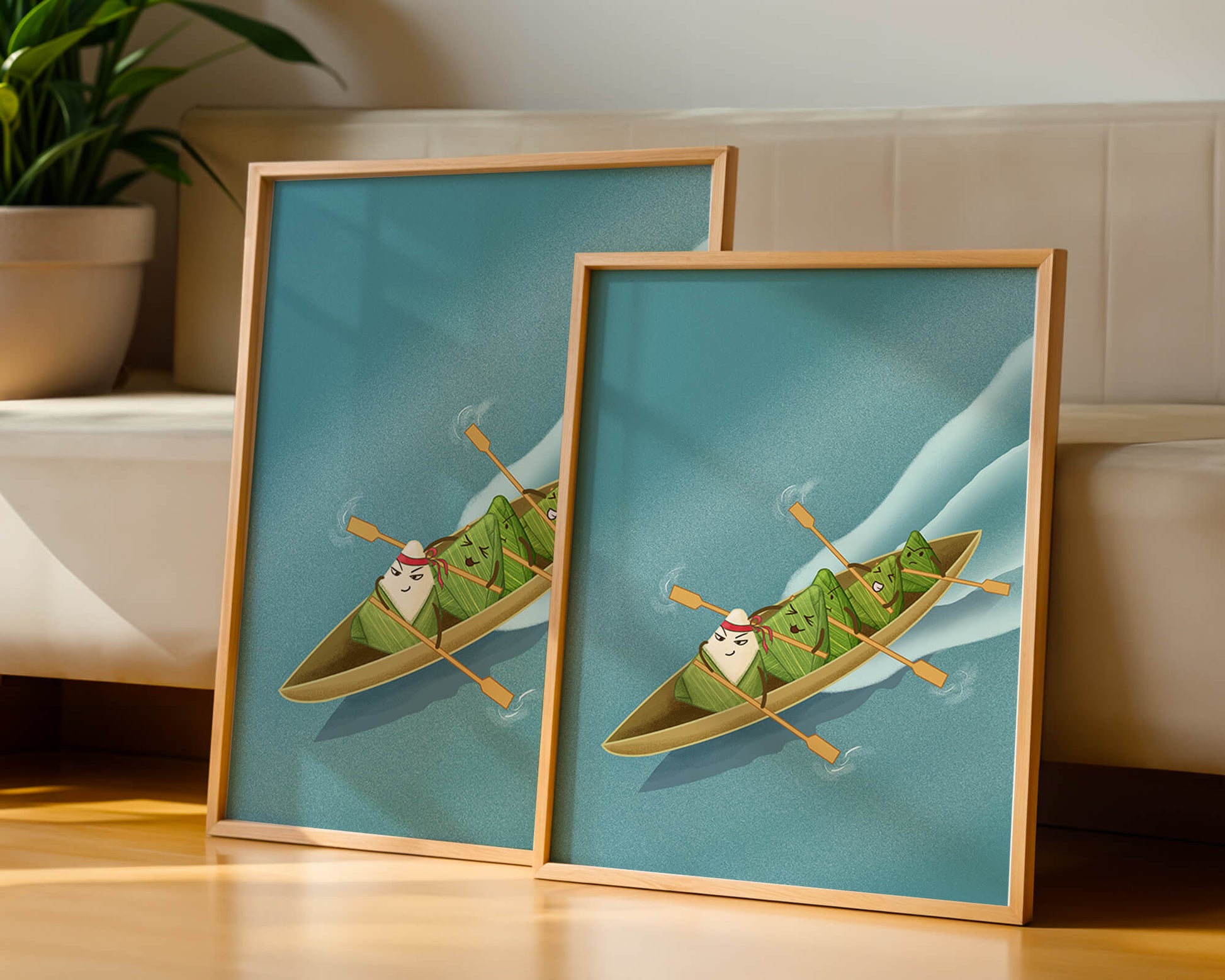 Charming illustration of rice dumplings rowing a boat with expressions