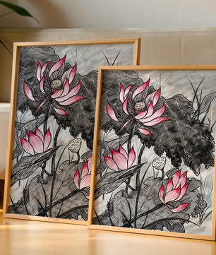 Illustration complexe de fleurs de lotus roses avec des feuilles