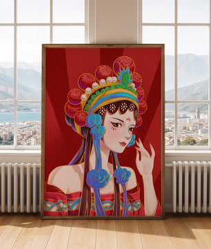 Traditional Asian art depicting stylized woman with ornate headdress
