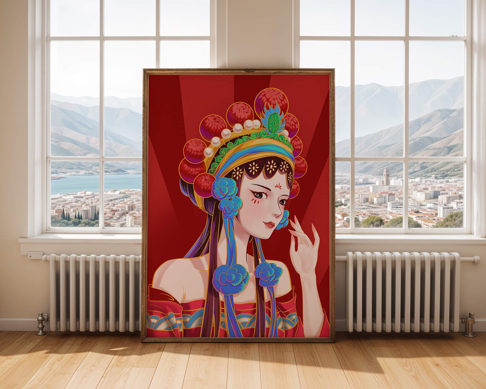 Traditional Asian art depicting stylized woman with ornate headdress
