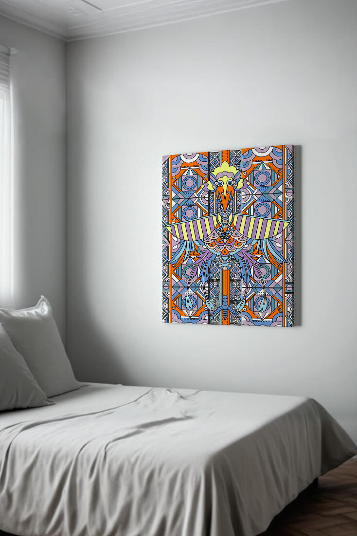 Arte geométrico de aves con patrones coloridos y detalles intrincados