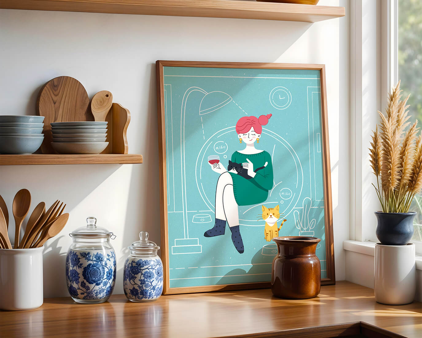 Acogedora velada con gatos en una sala de estar escandinava