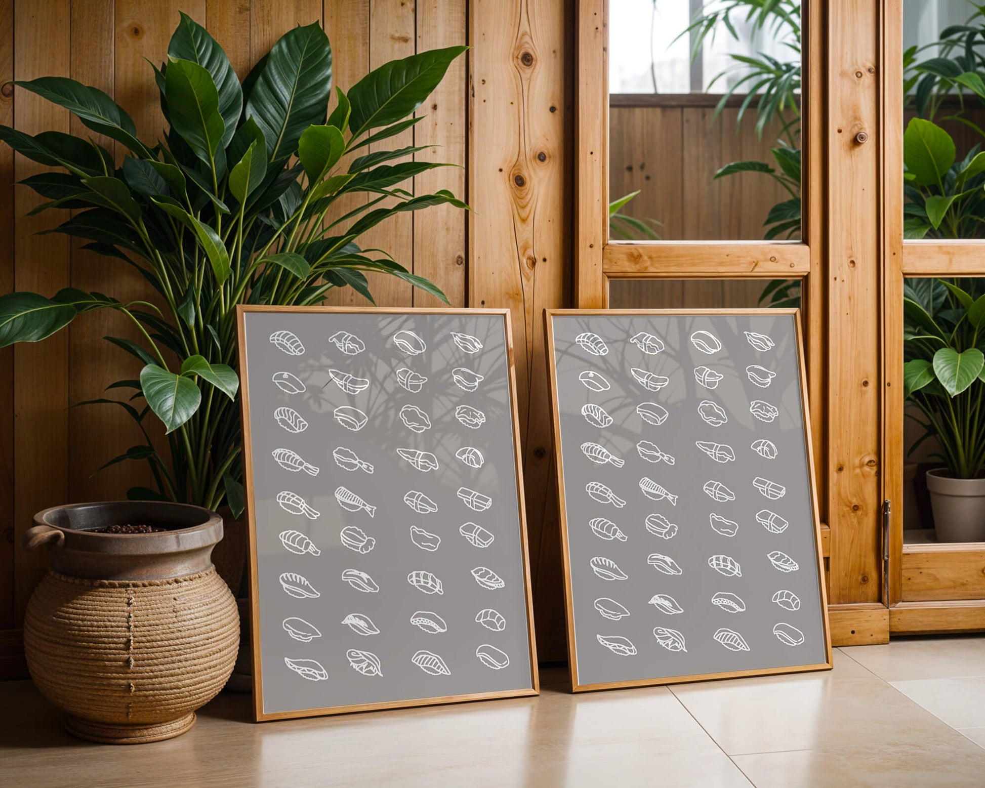 Minimalist sushi sketch illustration with various sushi types