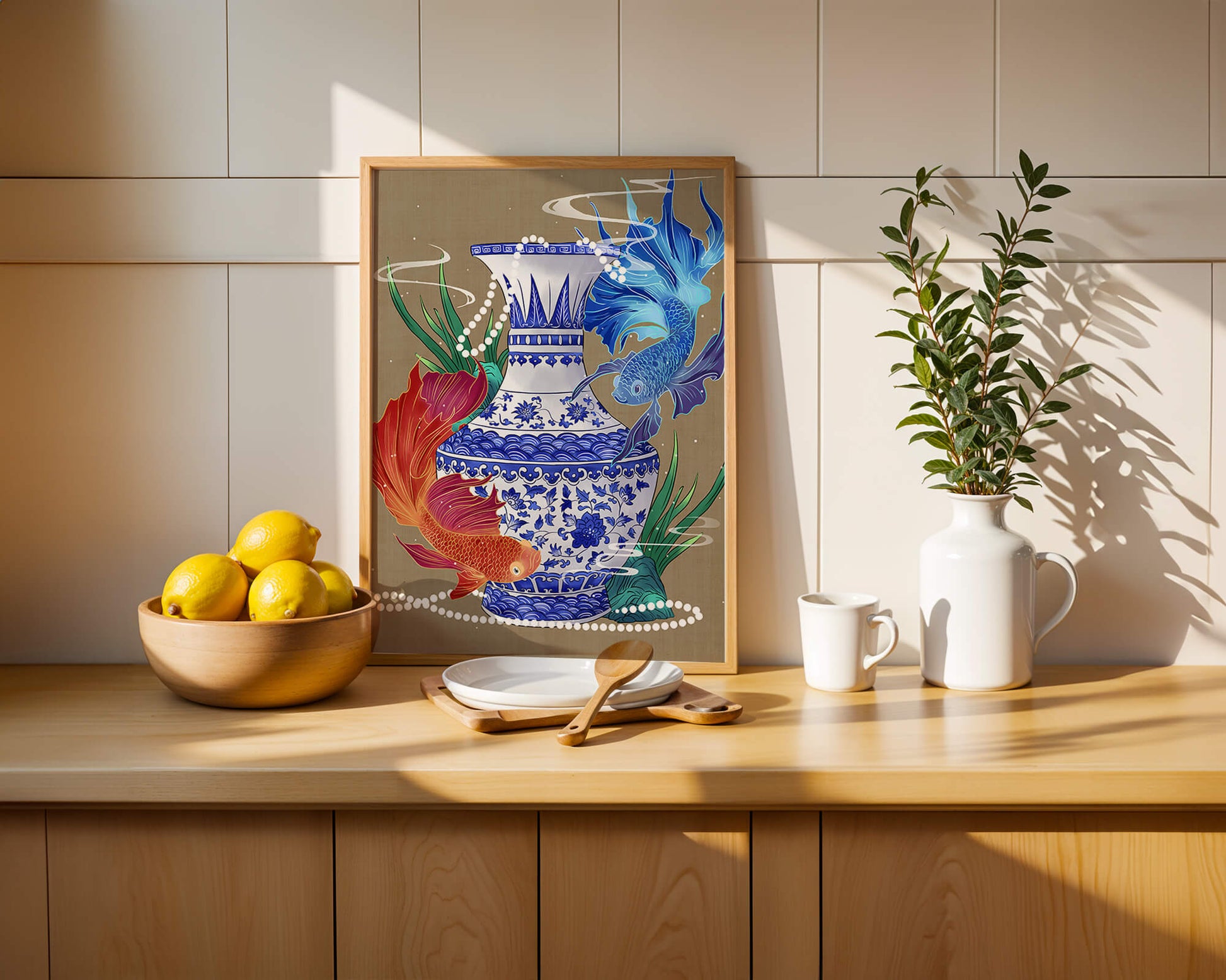 Elegant ceramic vase with vibrant fish and floral design