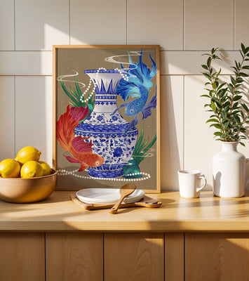 Elegant ceramic vase with vibrant fish and floral design