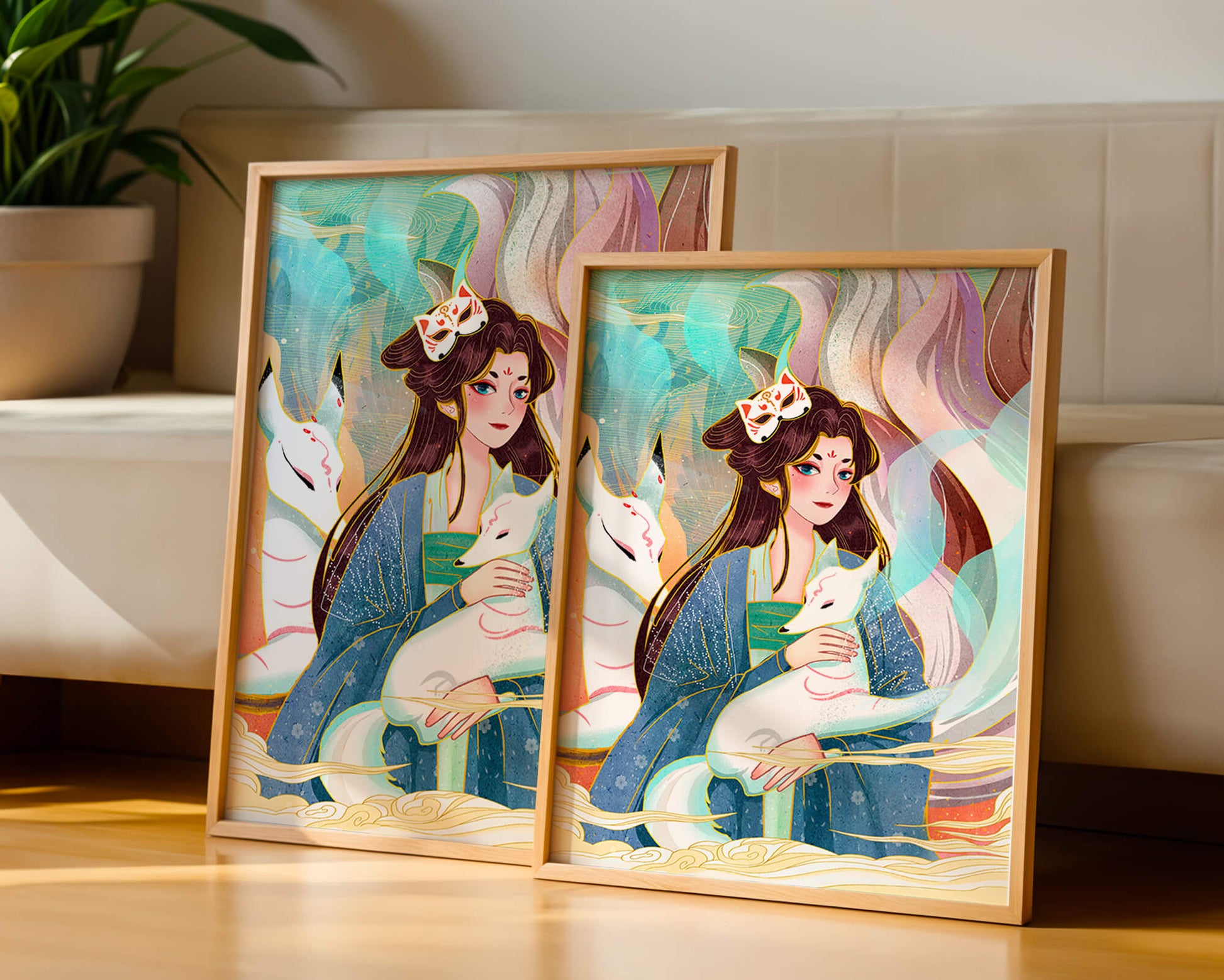 Woman with foxes in a mystical fantasy scene