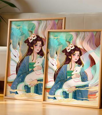 Woman with foxes in a mystical fantasy scene