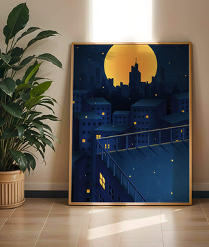 Stadtdach bei Nacht mit beleuchteten Fenstern und Vollmond