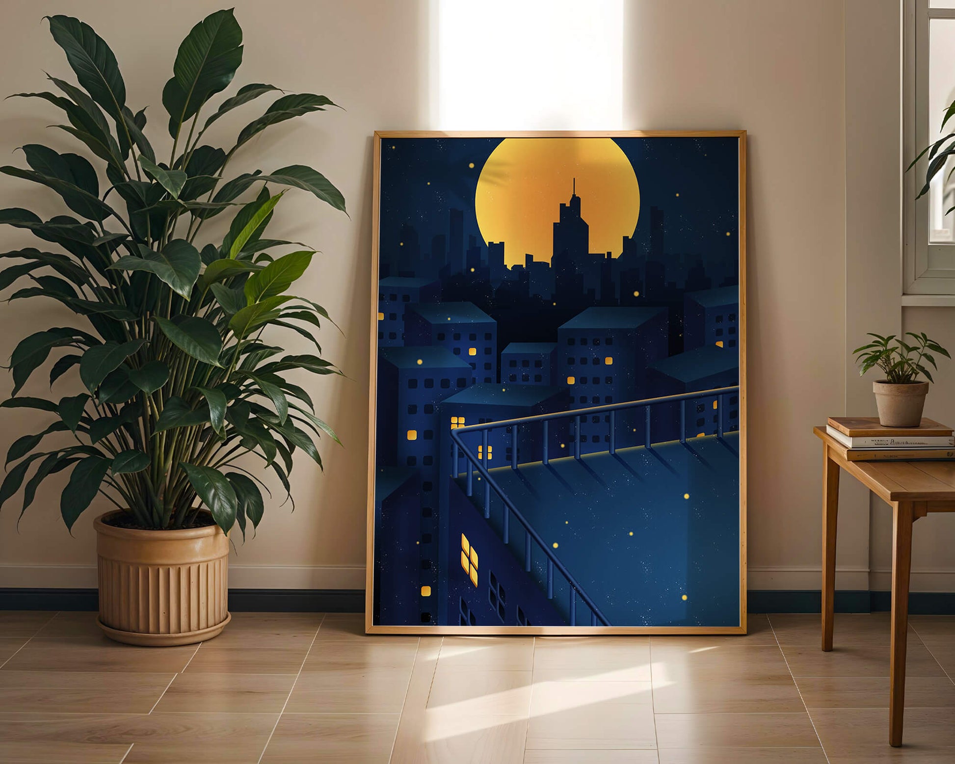 City Rooftop at Night with Illuminated Windows and Full Moon