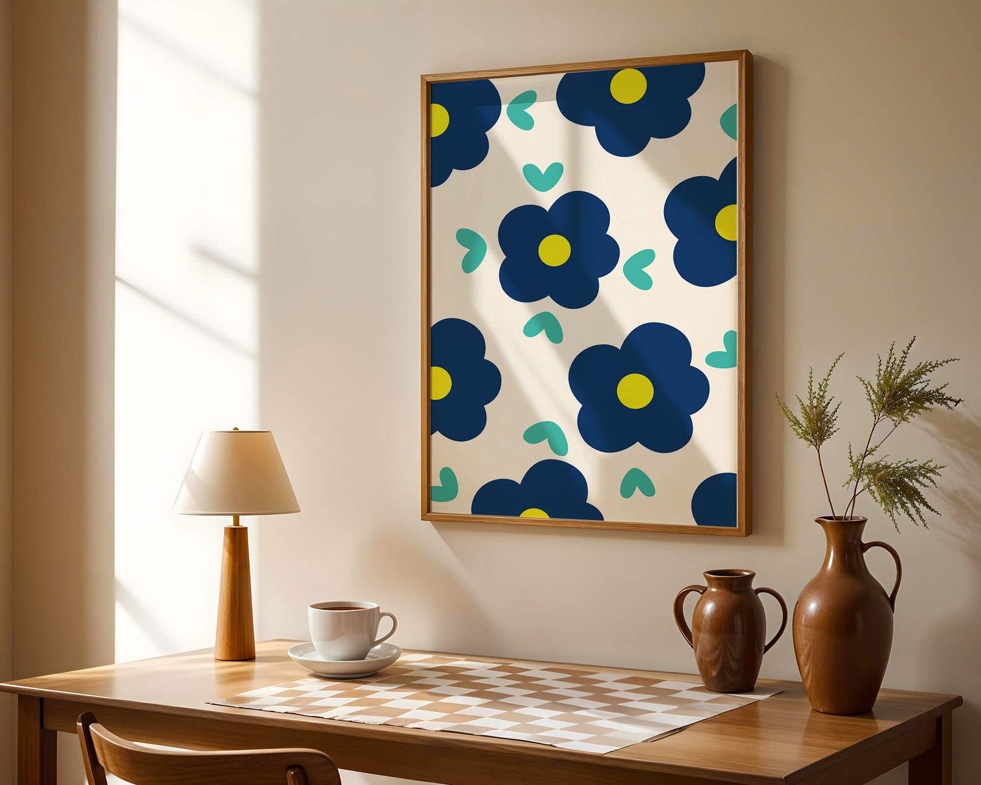 Blue floral pattern with yellow centers on cream background