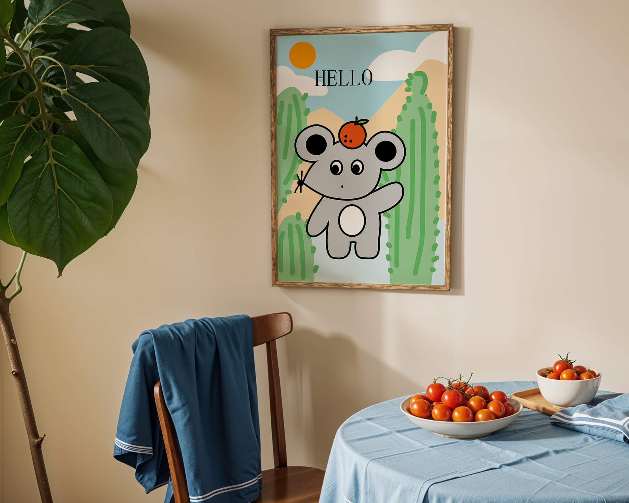 Cute illustration of a mouse with an orange on a sunny background