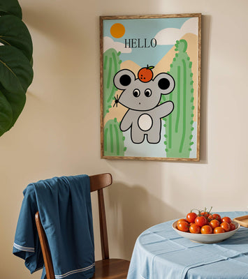 Cute illustration of a mouse with an orange on a sunny background