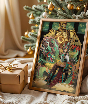 Art fantastique élégant d'une femme avec un dragon majestueux et des éléments dorés