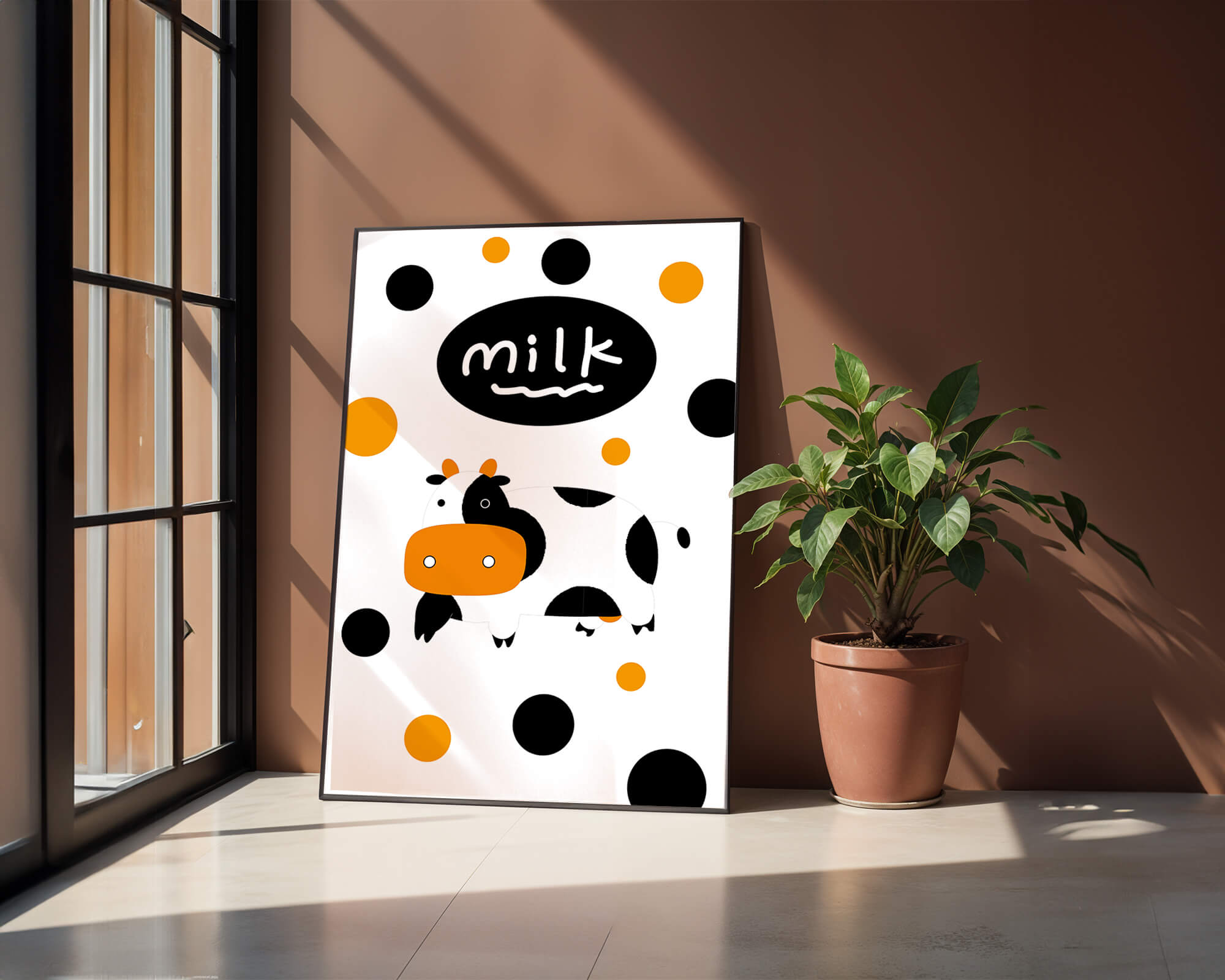 Illustrated cow with modern design and abstract elements