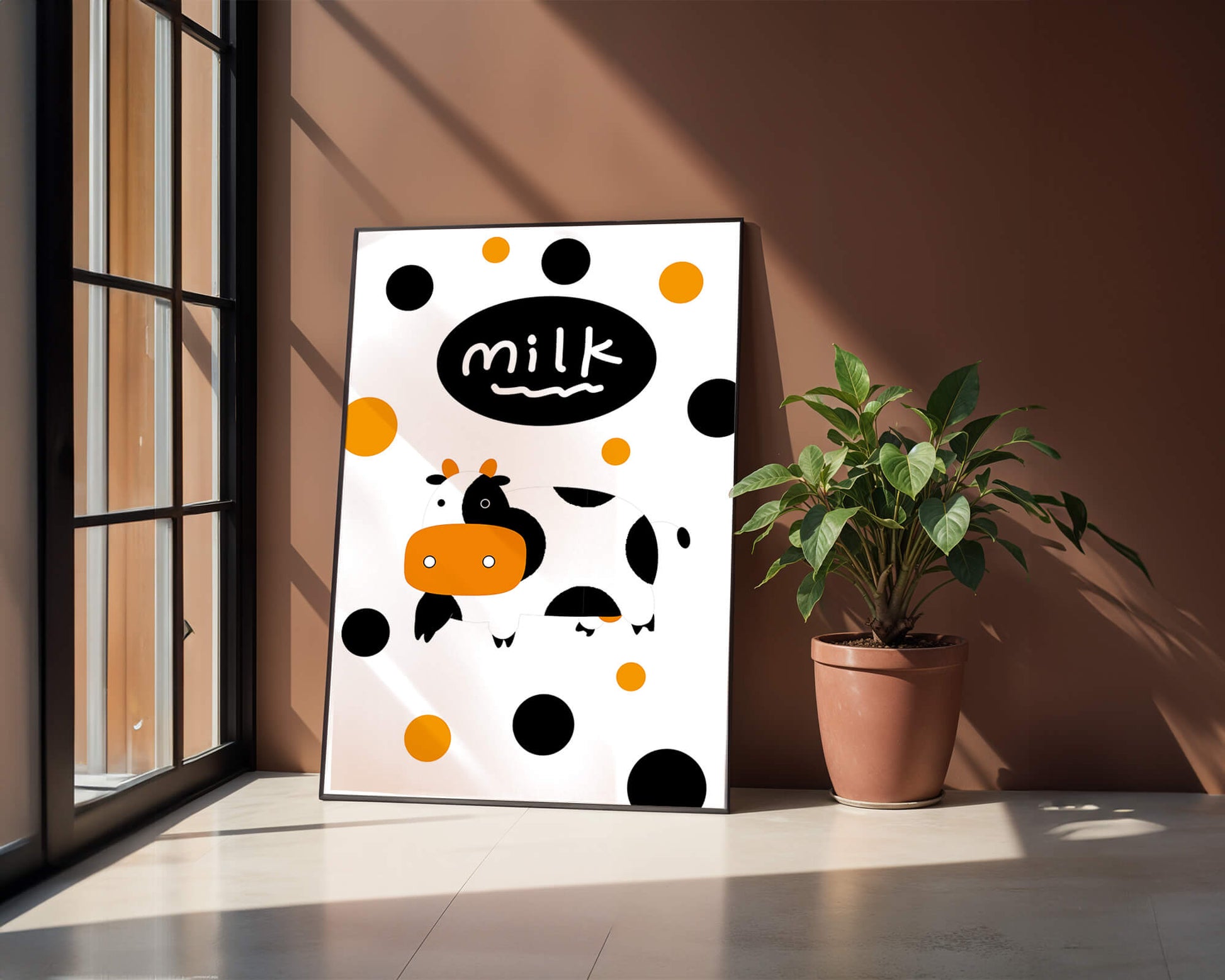 Illustrated cow with modern design and abstract elements