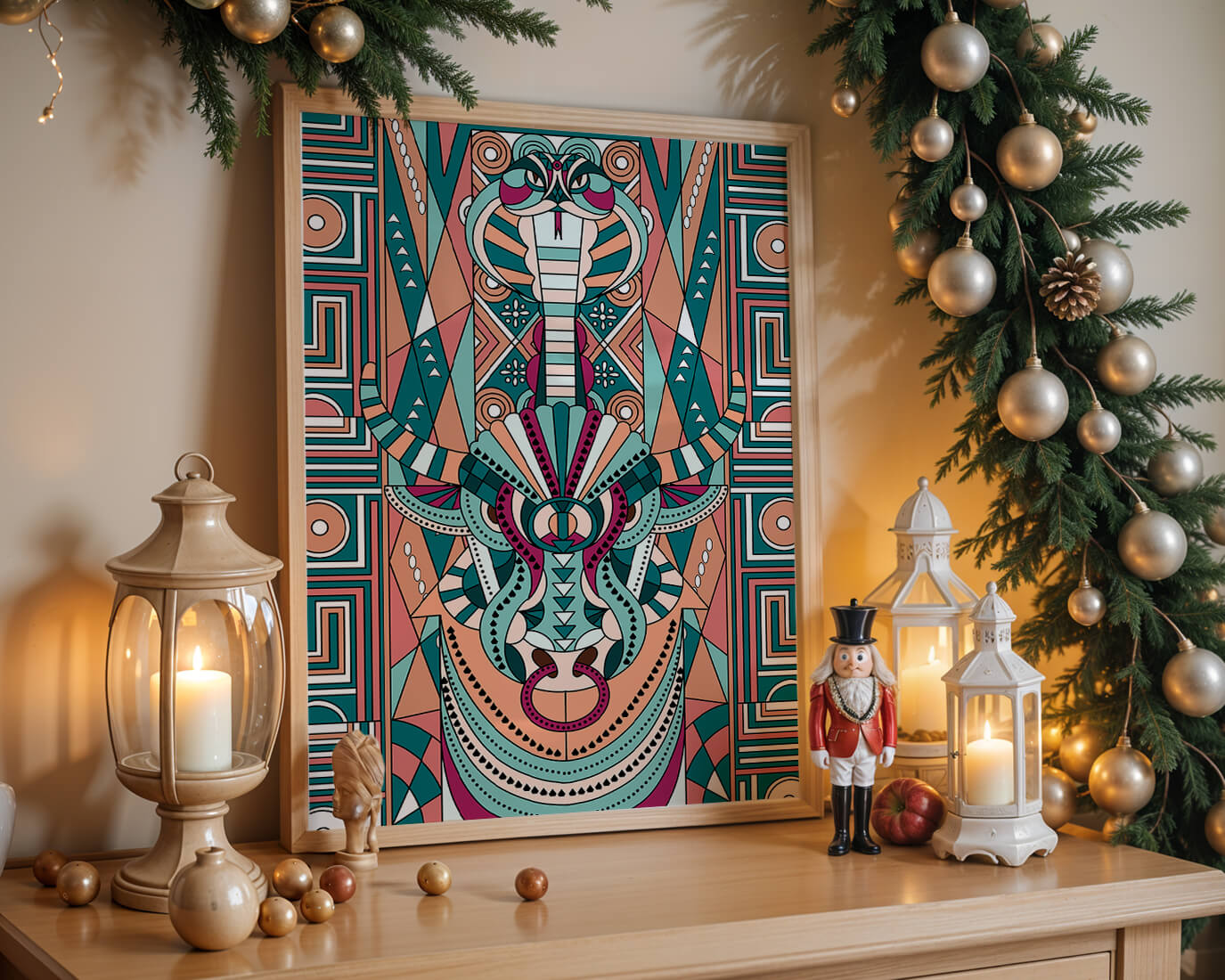 Arte tribal geométrico con motivos de serpiente y toro