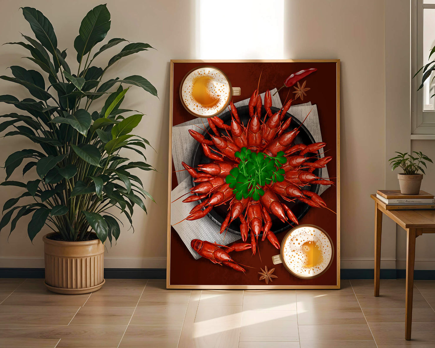 Gourmet seafood platter with crayfish and coffee cups