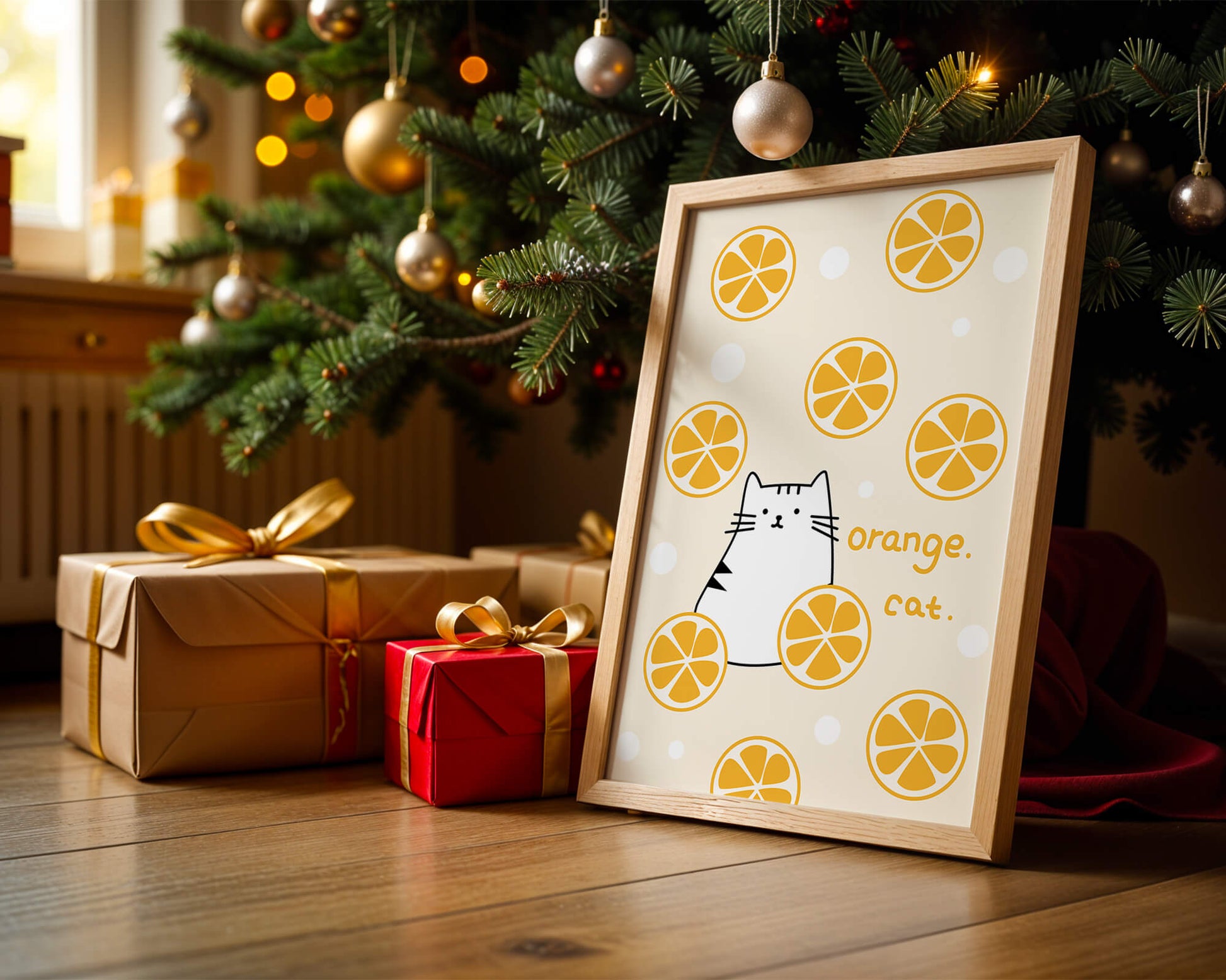 Playful illustration featuring a cat and orange slices