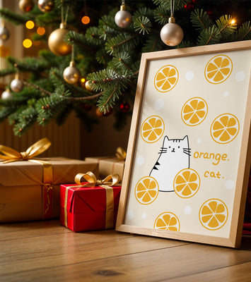 Playful illustration featuring a cat and orange slices